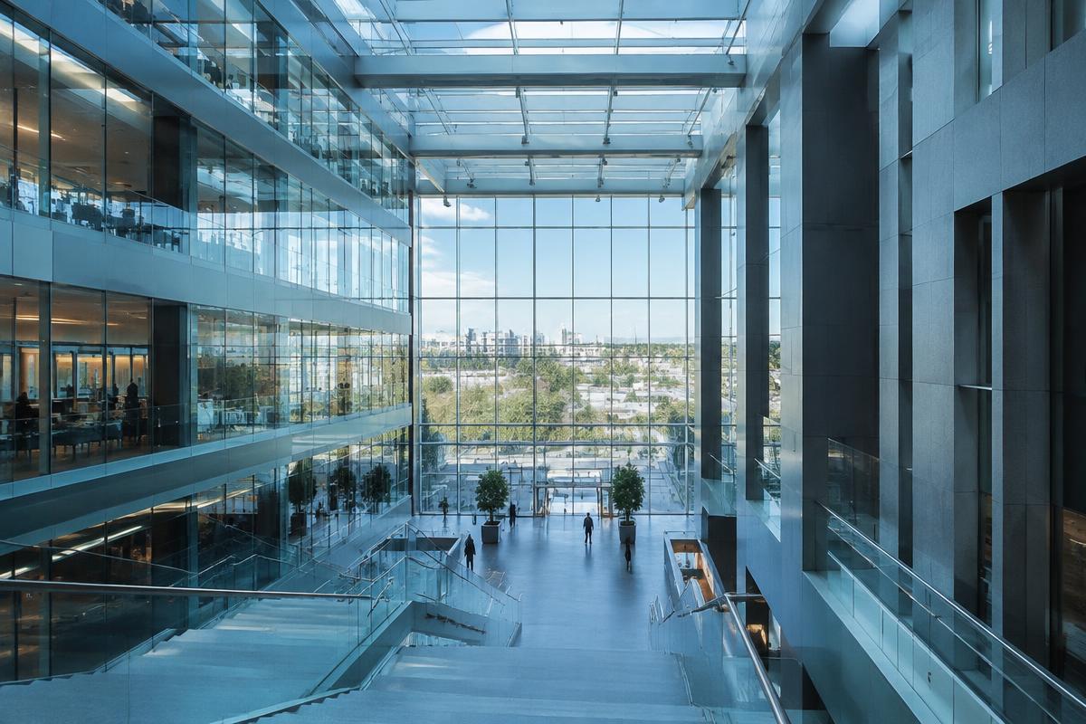 Modern glass and steel building atrium